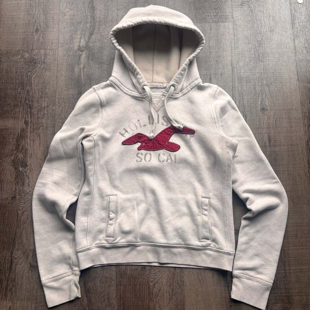 Hollister Hoodie Size M Cream Red Logo Pullover